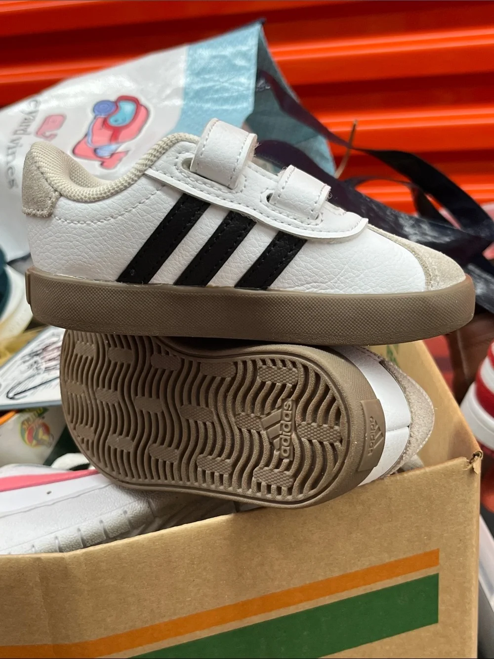 adidas Kids White and Beige Velcro Sneakers with Brown Outsole